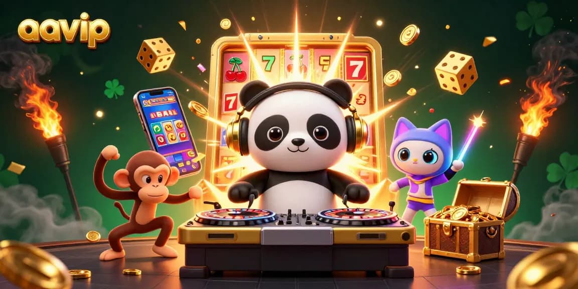 AAVIP showcases a vibrant 3D casino scene with a DJ panda and dynamic characters spinning jackpots.