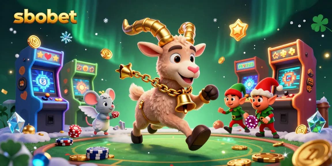 Engage with sbobet's thrilling adventures, where a festive Krampus goat rules a vibrant horror casino.