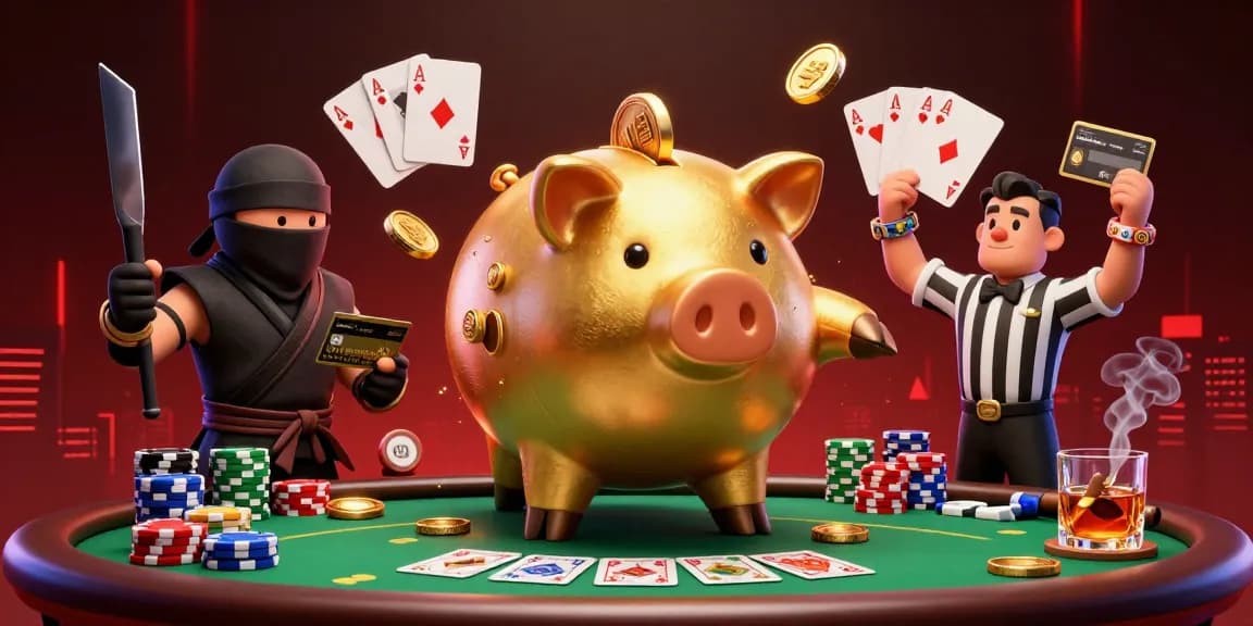 Experience thrilling action at online casinos with a golden piggy bank sumo wrestler and poker elements.