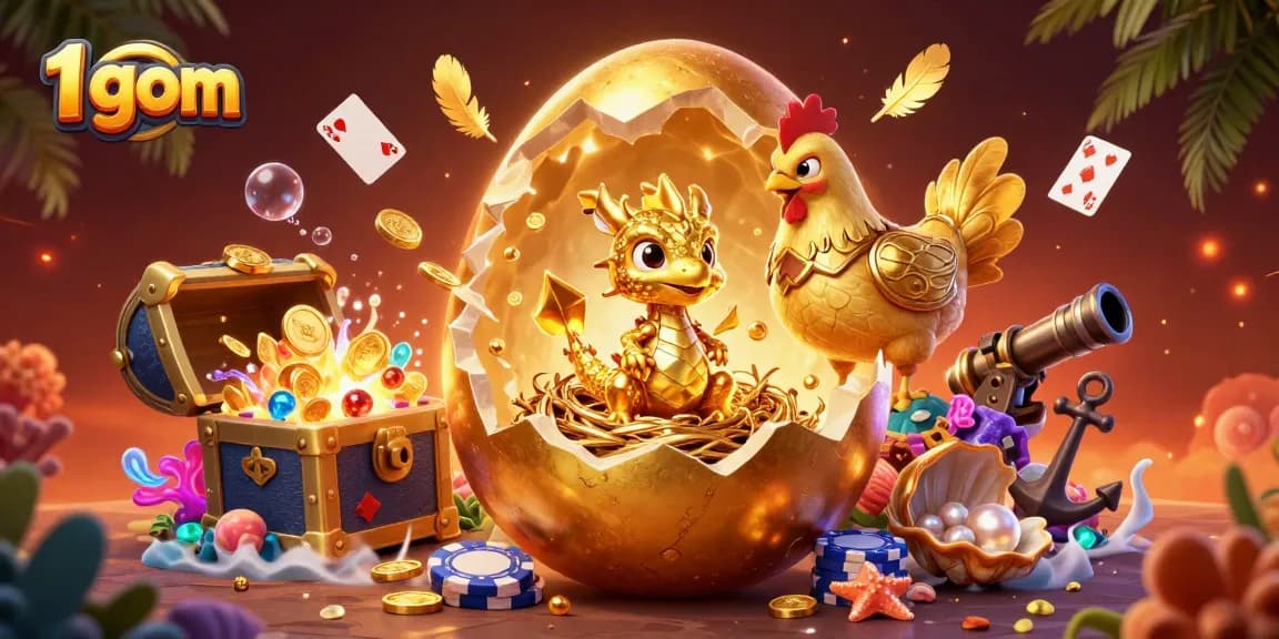 Experience thrilling wins at 1 gom with a dazzling golden dragon amidst poker chips and treasure