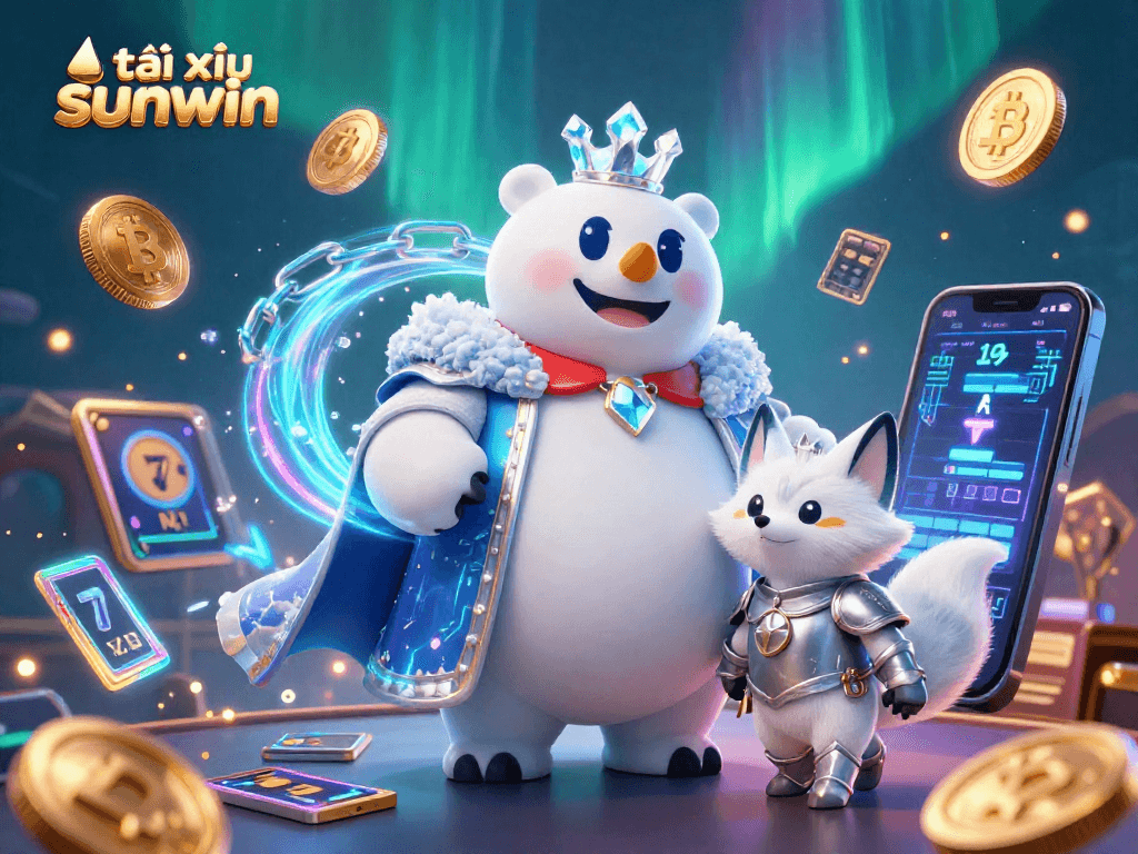 Engage with tài xỉu sunwin, a vibrant scene featuring 3D characters with gaming elements and crypto imagery.