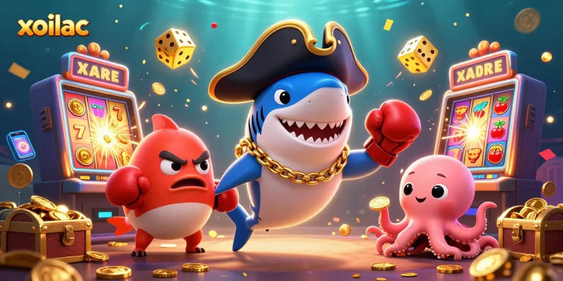 Xoilac showcases a vibrant underwater world with a pirate shark, pufferfish, and octopus celebrating casino games.