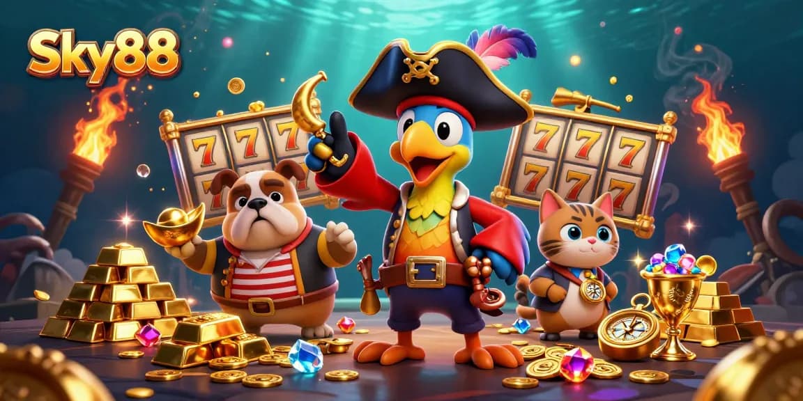 Engage with Sky88's exciting slots and gaming adventures featuring vibrant characters and treasures.