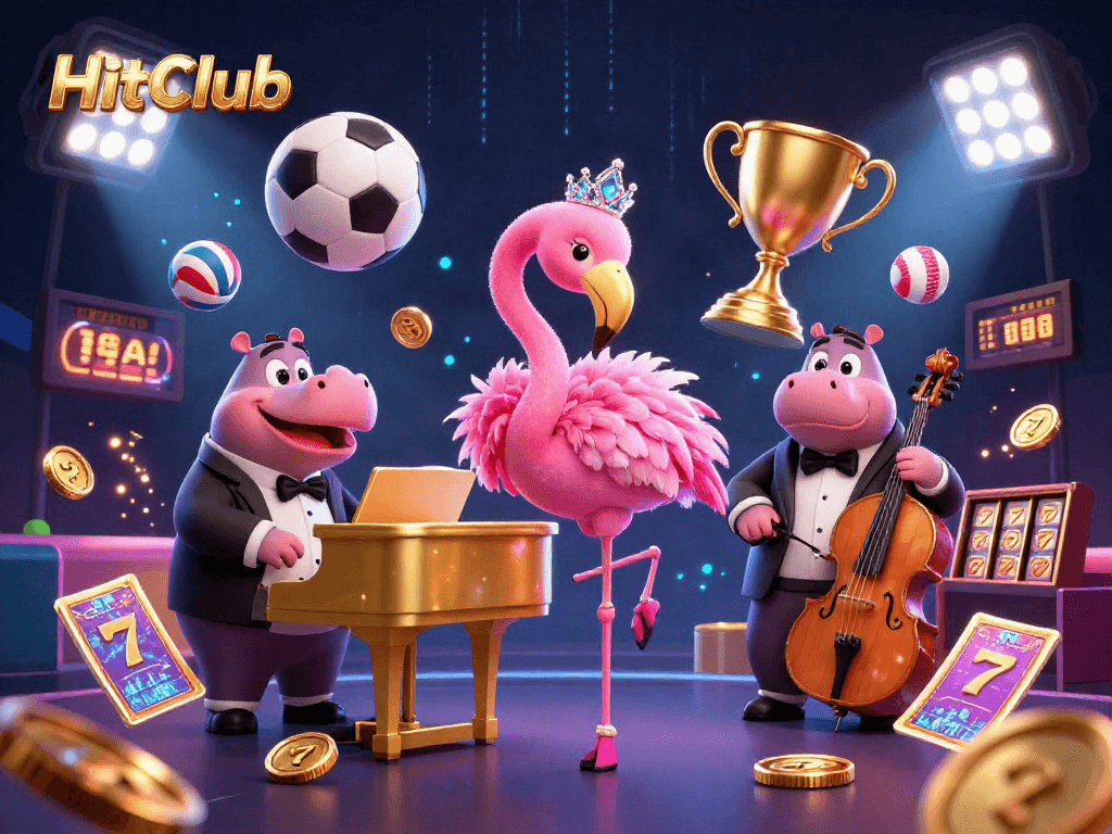 HitClub showcases dynamic gambling excitement with cartoon characters in a vibrant 3D illustration.