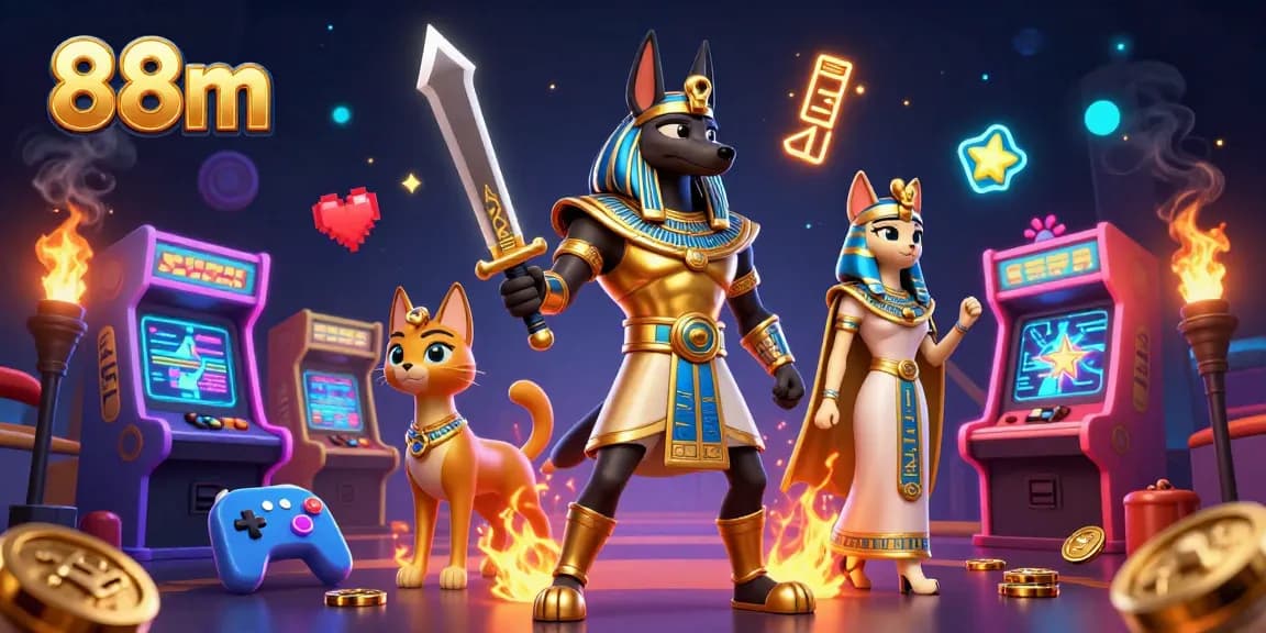 Experience thrilling moments at 88m with Anubis and Bastet amidst vibrant casino elements.
