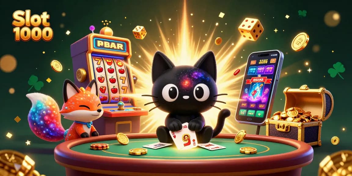 Engage in thrilling action at Slot 1000 with vibrant cards, chips, and a playful cosmic theme.