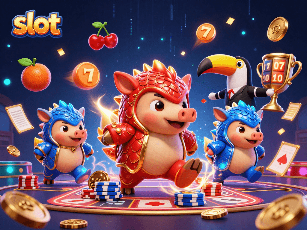 Spin the slot reels with rival pangolins and golden poker chips in this vibrant casino scene.