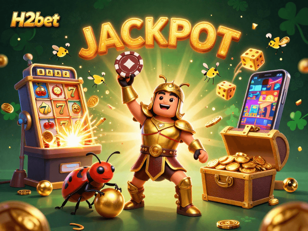 H2bet showcases a victorious beetle in golden armor amidst a vibrant casino jackpot scene.