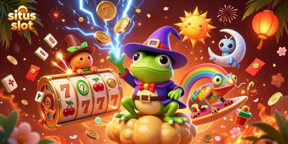 Experience the thrill of situs slot with a magical scene of a weather wizard frog and a chameleon surrounded by slot game elements.
