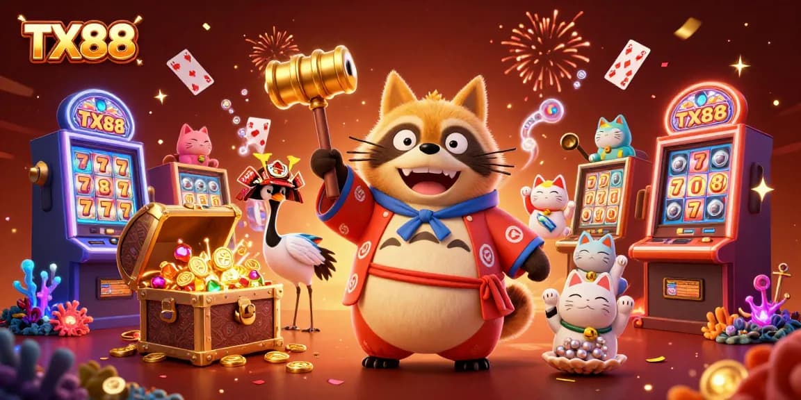 Experience the thrill of TX88 with a cheerful tanuki and festive elements in a vibrant casino scene.