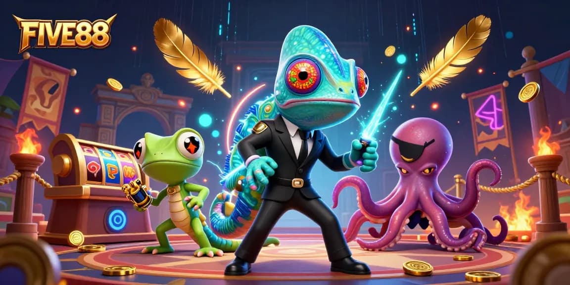 Experience thrilling gameplay with FIVE88's slot adventure featuring vibrant characters and dynamic action.
