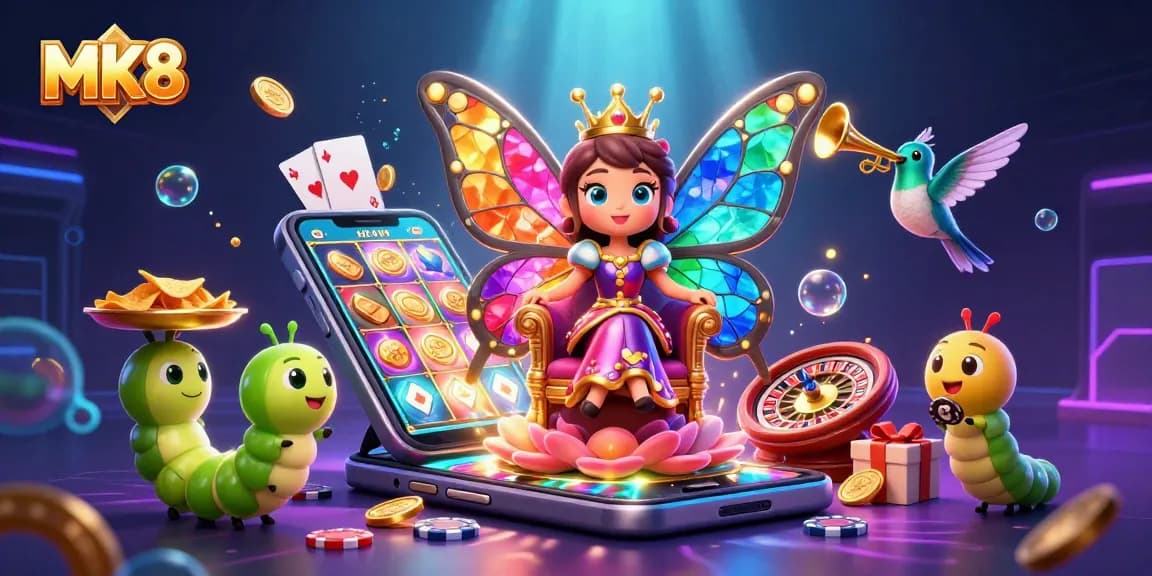 Experience MK8's excitement with a butterfly queen surrounded by vibrant casino elements.