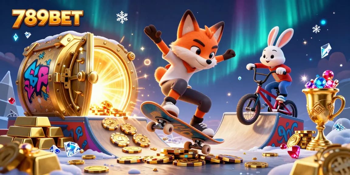 Experience the thrill of 789BET with a vibrant scene of a skateboarder fox and bunny racing through golden treasures and vibrant casino symbols.