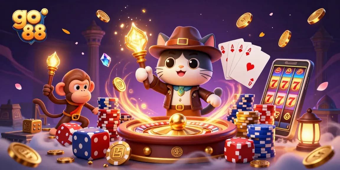 Experience excitement with go 88 as a cat explorer discovers casino treasures amidst dynamic elements and glowing artifacts.