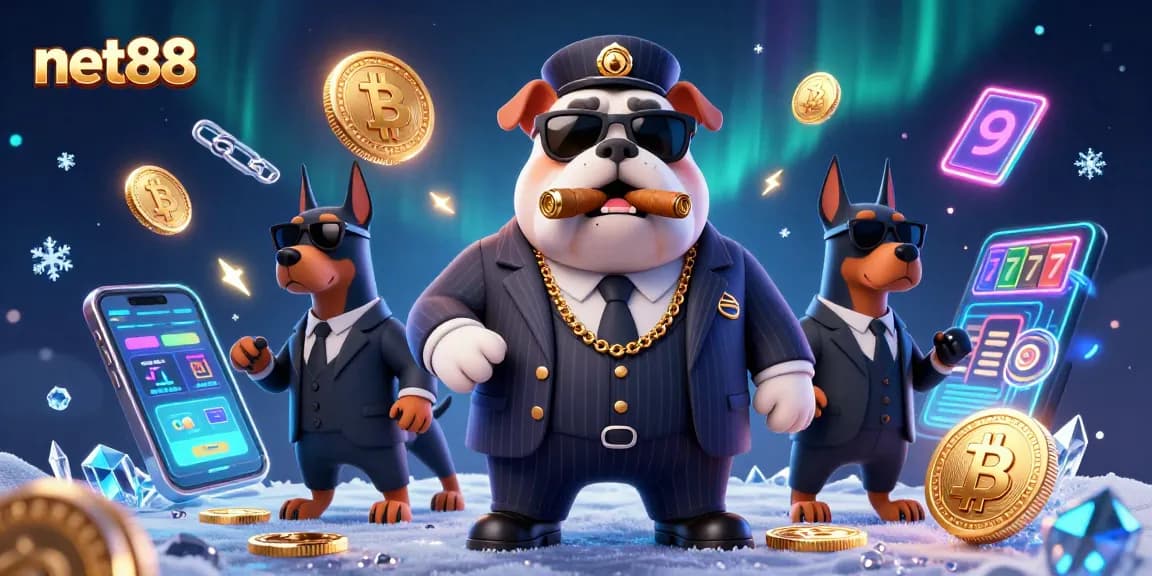 Join the action at net88 with a vibrant crypto casino scene featuring a bulldog mafia boss and gaming elements.