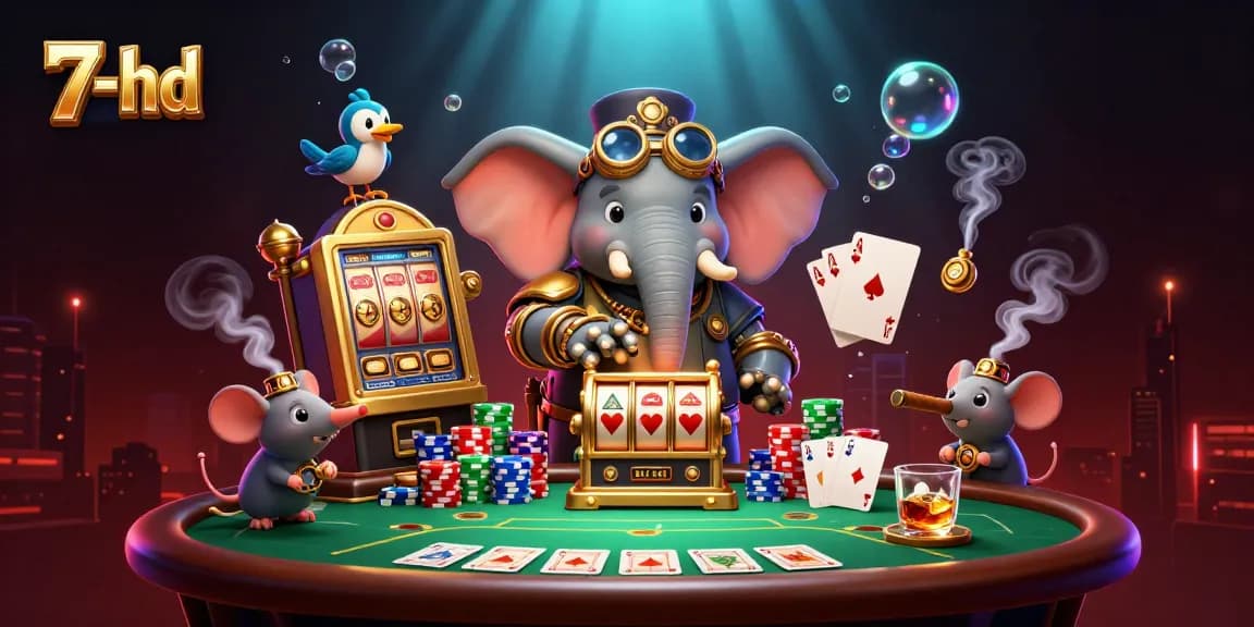 Spin the reels with 7-hd's vibrant casino scene featuring a lively steampunk elephant engineer.