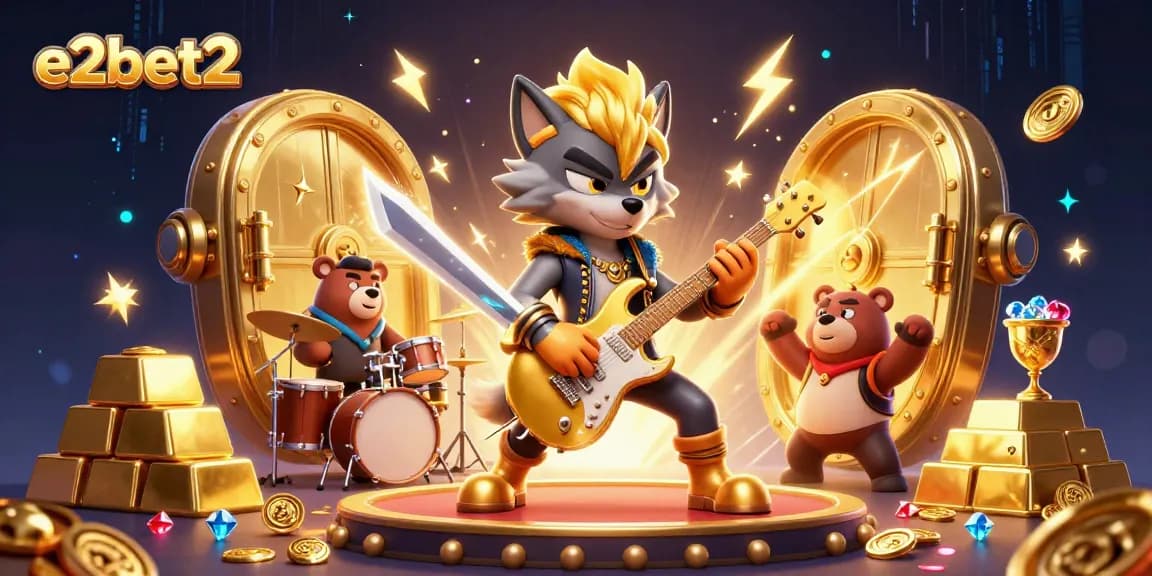 Experience thrilling action with e2bet2 as a rock star wolf shreds on a golden guitar amid casino riches.