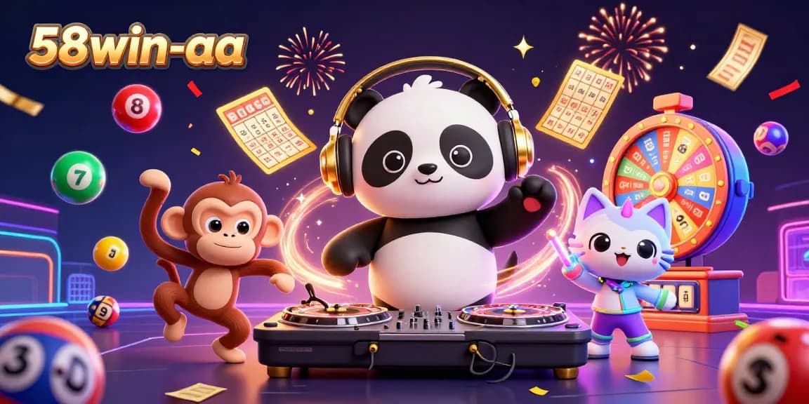 Engage with 58win-aa's vibrant casino scene featuring a DJ panda and exciting game elements.