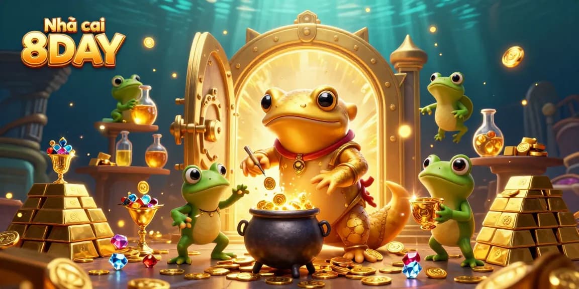 Experience the thrill of Nhà cái 8DAY with captivating illustrations of casino adventures, gold coins, and exciting gameplay.