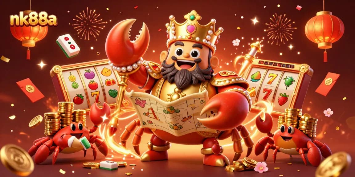 Experience the vibrant nk88a slots scene with a golden crab emperor amidst festive casino elements.