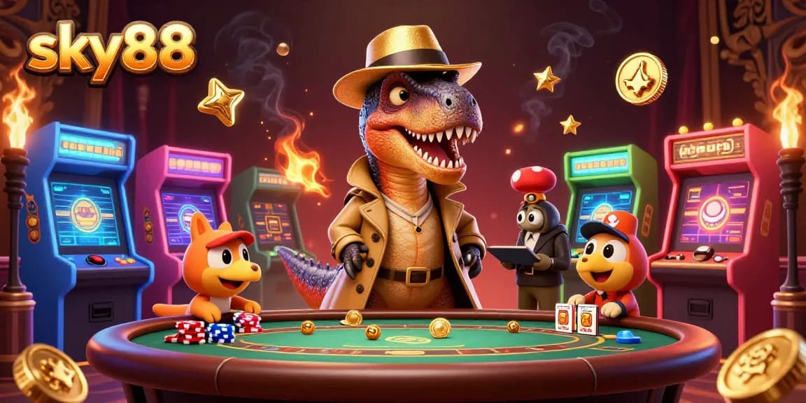 Sky88 velociraptor card counter at a blackjack table, surrounded by playful casino elements.
