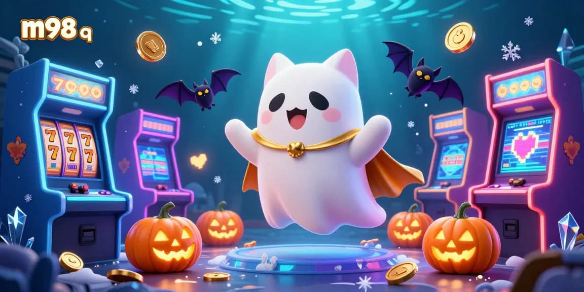 Play exciting games at the haunted casino with m98 q, featuring a playful ghost cat and vibrant slot machines.