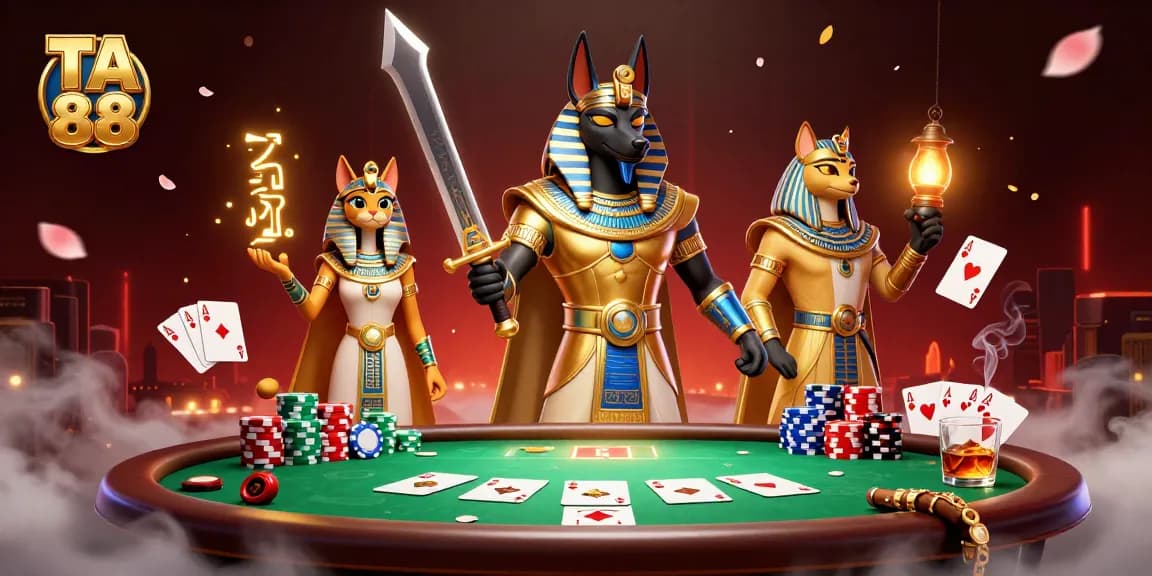 Engage in thrilling poker action with TA 88, featuring vibrant cartoon warriors and chips.