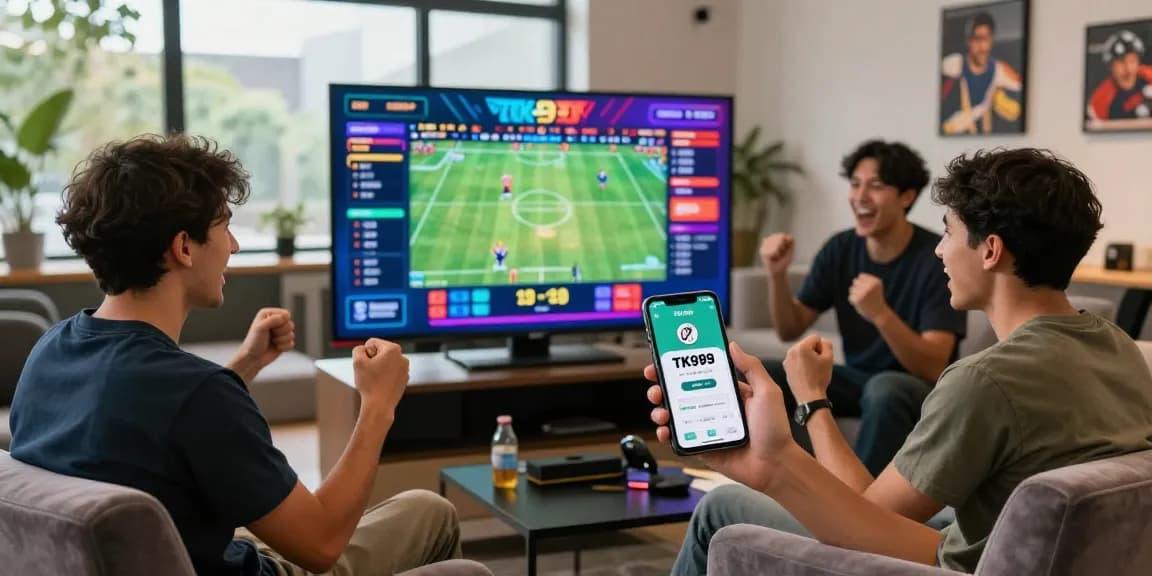 Exciting TK999 online sports betting scene with players engaged in live events and using the app.