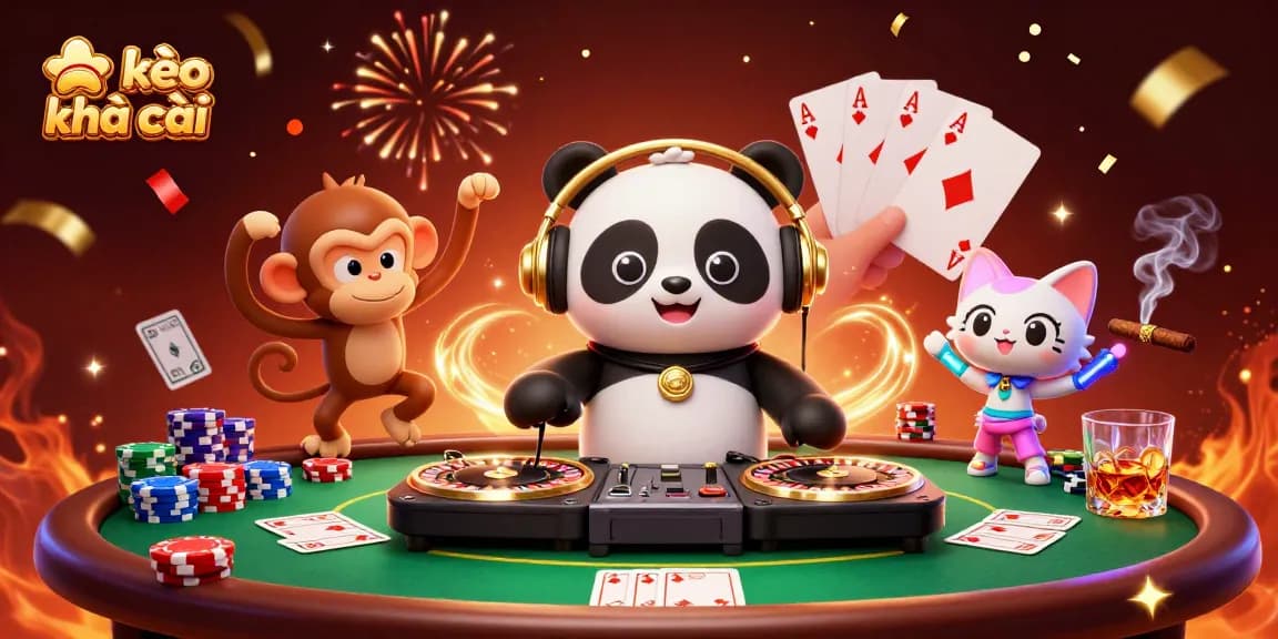 Engage with kèo nhà cái through a festive scene featuring a DJ panda, dancing monkey, and kitten illuminated by casino elements.