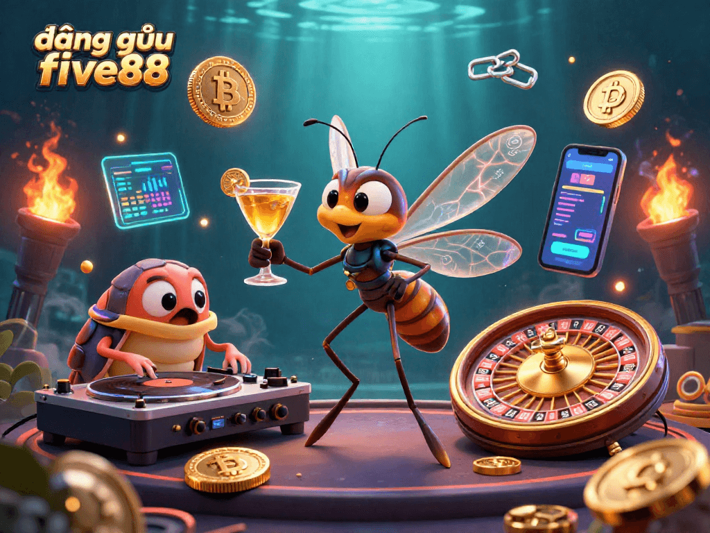 Engage with the excitement of đăng nhập five88 through a lively casino scene featuring unique characters and vibrant elements.