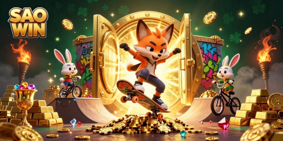 Experience SAO WIN's thrilling gambling adventures with vibrant casino-themed 3D art featuring fox and rabbit heroes.