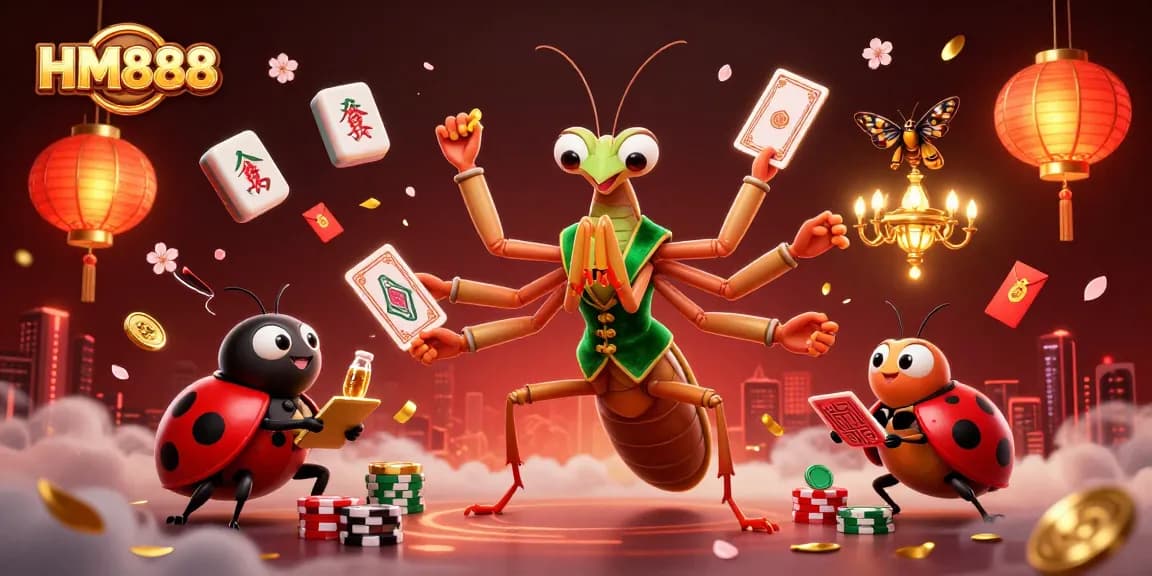 Experience thrilling gameplay at HM888 with a vibrant 3D illustration featuring fun characters and dynamic casino elements.