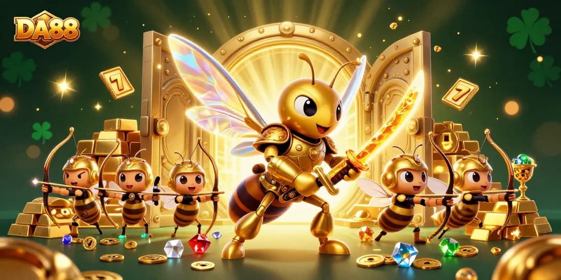 Play to win with DA88 in an immersive casino illustration featuring rich gold elements and vibrant characters.