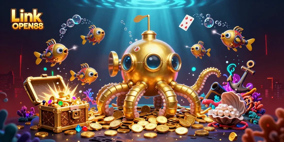 Win big with Link OPEN88 in this vibrant 3D illustration featuring a kraken and treasures.