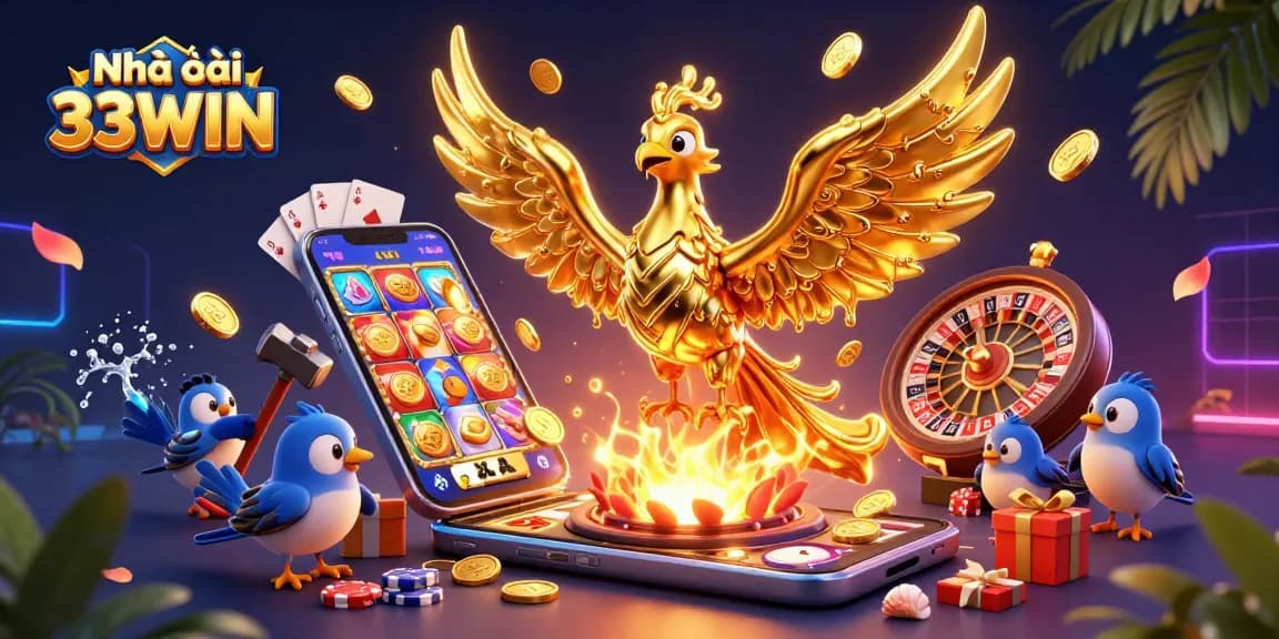 Experience the excitement at Nhà cái 33WIN with golden coins emerging as a phoenix rises in a vibrant casino scene.