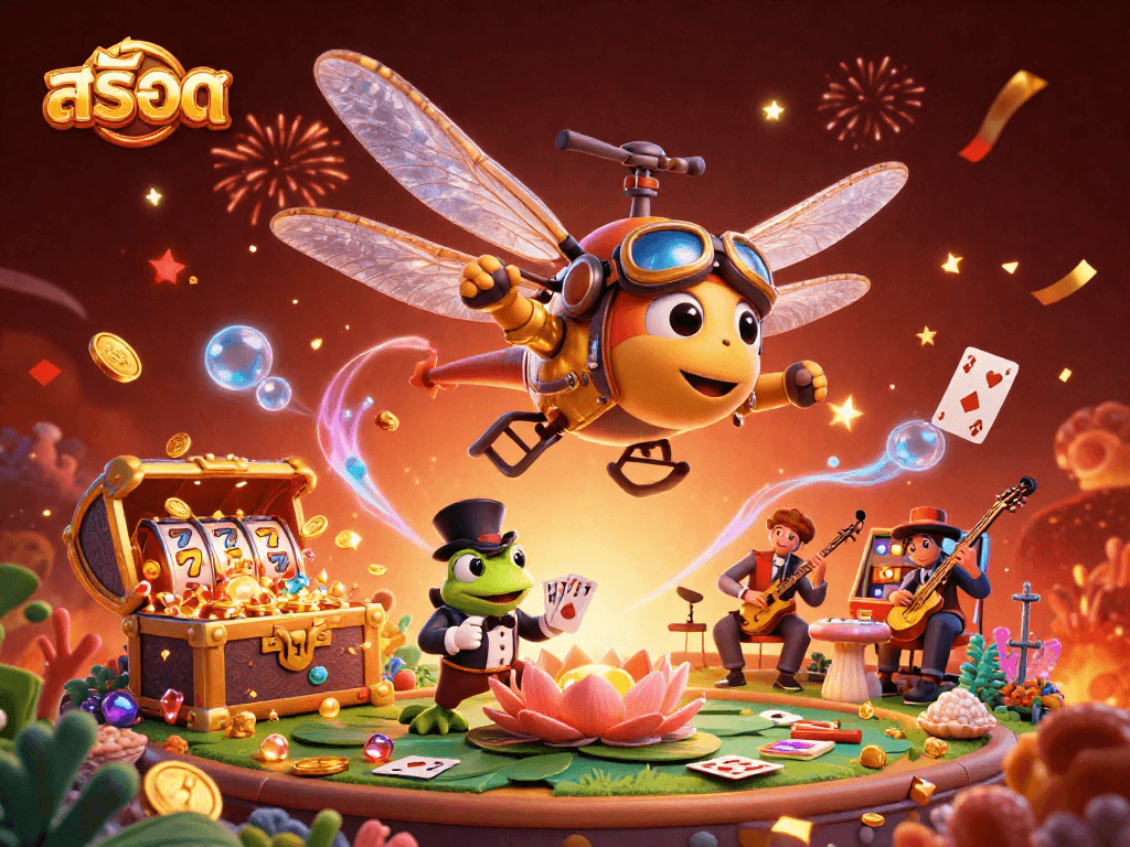 Engage in สล็อต fun with thrilling gameplay at a vibrant lily pad casino scene featuring a lively dragonfly pilot.