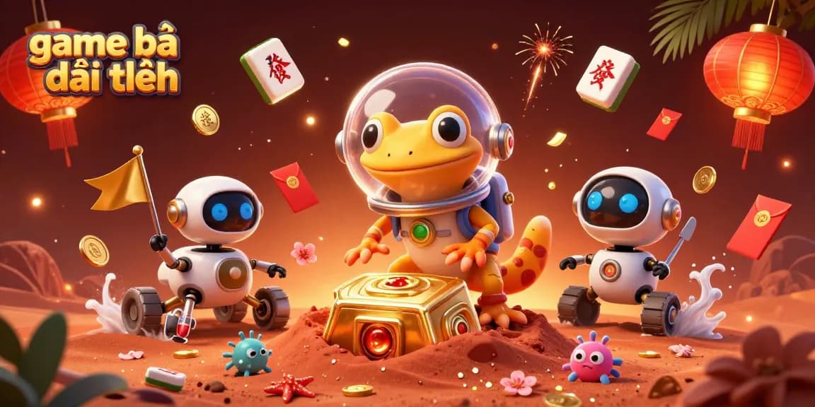 Engage in game bài đổi thưởng with a lively Martian gecko and gaming elements in a vibrant alien casino scene.