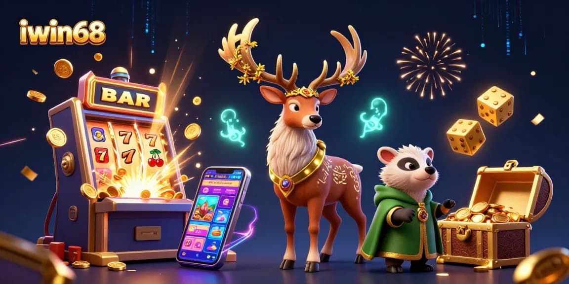 iwin68 captivates players with a vibrant 3D illustration of mystical casino elements and games.