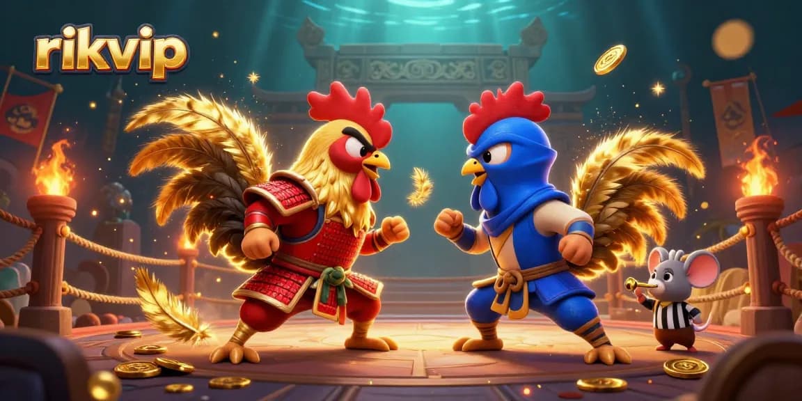 Experience the thrilling action of rikvip with vibrant roosters in an epic standoff, immersed in a rich casino atmosphere.