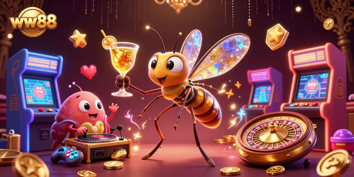 Engage in thrilling gameplay with ww88's captivating 3D illustration featuring a casino mascot, DJ, and roulette.