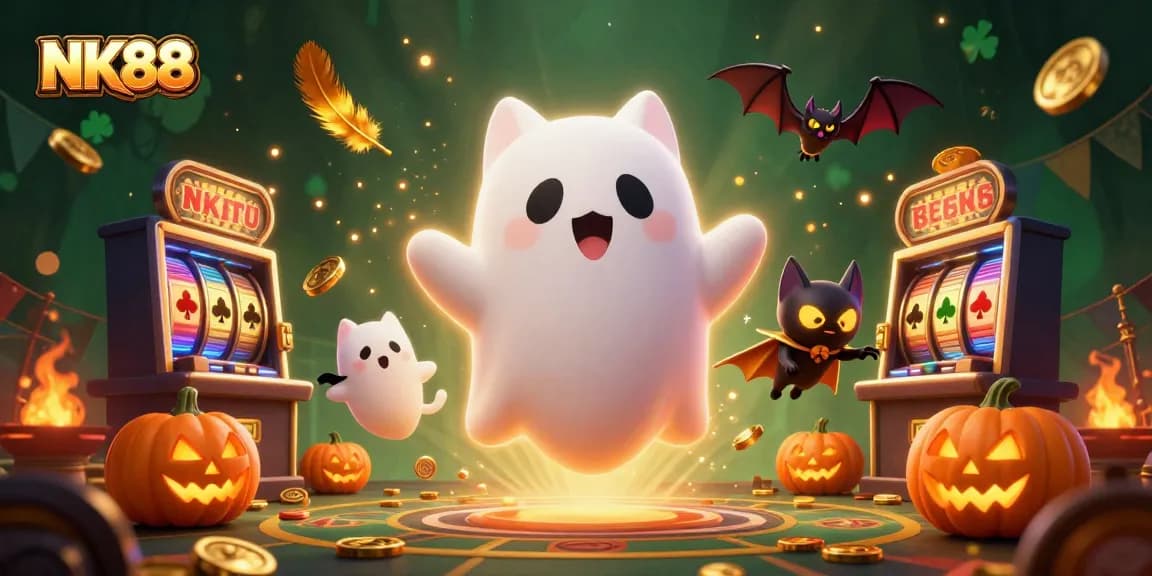 Experience thrilling gaming action at NK88 with a ghost cat and bat in a haunted casino.