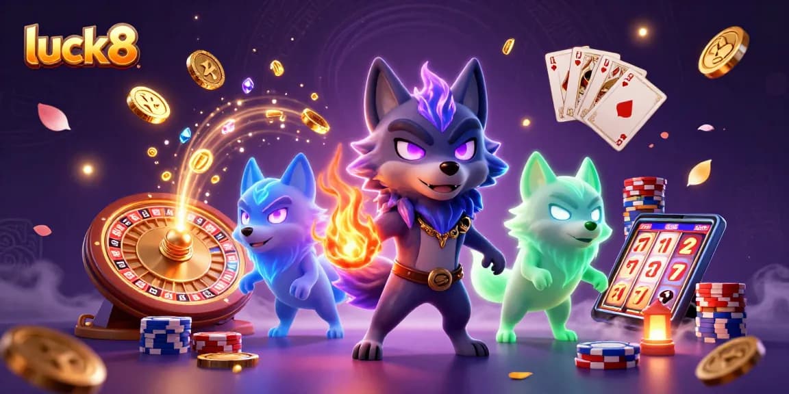 Experience thrilling gaming adventures with luck8 through captivating illustrations of ghostly wolves and casino elements.