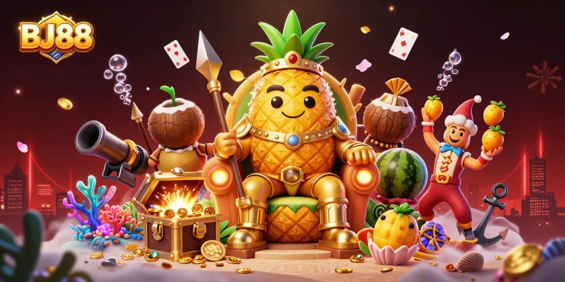 Engage with BJ88 in this lively 3D casino illustration showcasing winning opportunities at a beach-themed casino.