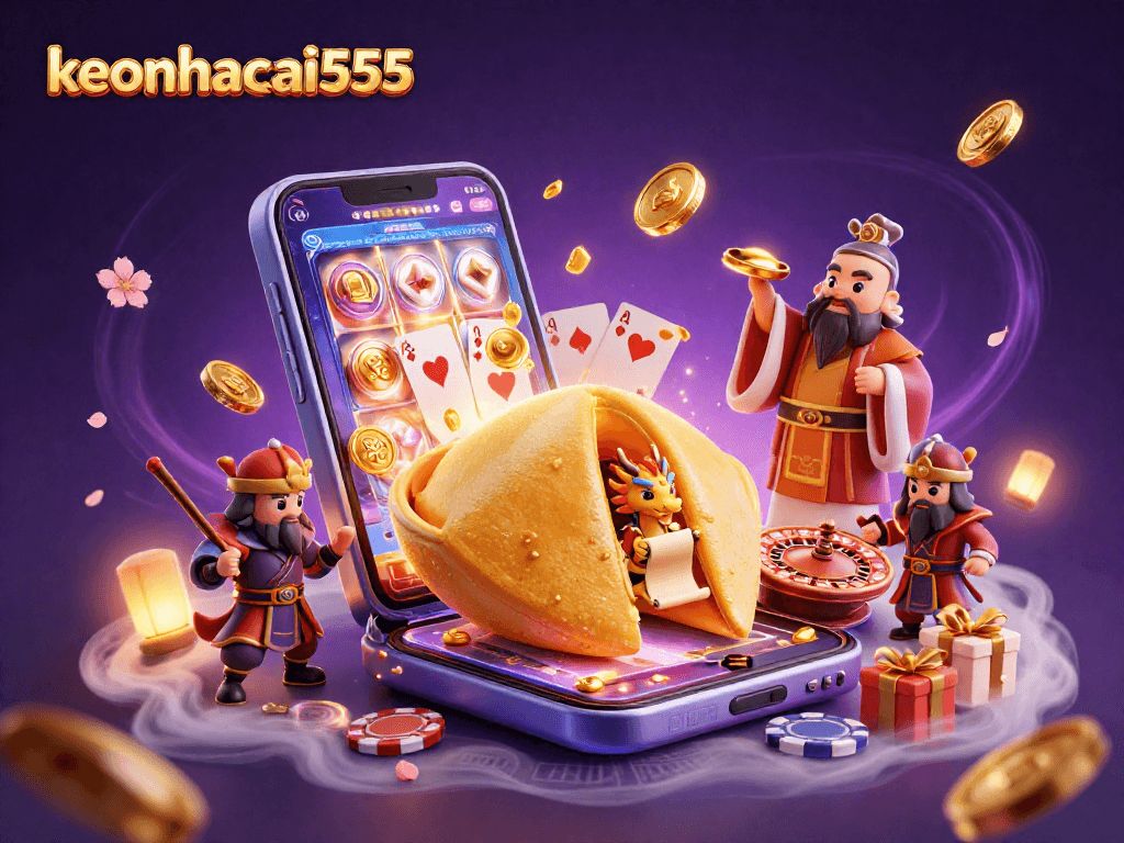Engage with keonhacai555 through vibrant 3D casino illustration featuring animated fortune cookie and dragons.