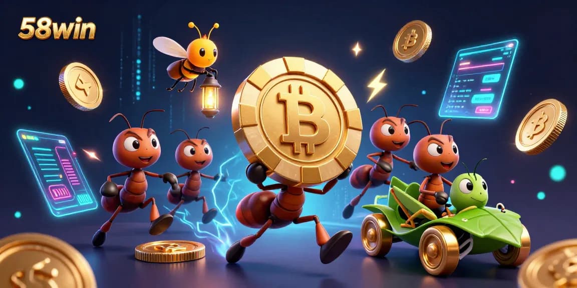 Engage in thrilling gameplay at 58win with vibrant animations of a cartoon heist featuring ants and crypto elements.