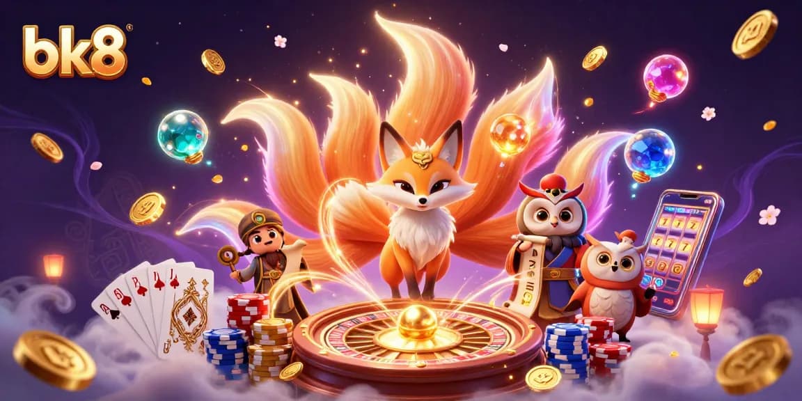 Experience the magic of bk8 as you spin the reels of fortune surrounded by vibrant gaming icons.