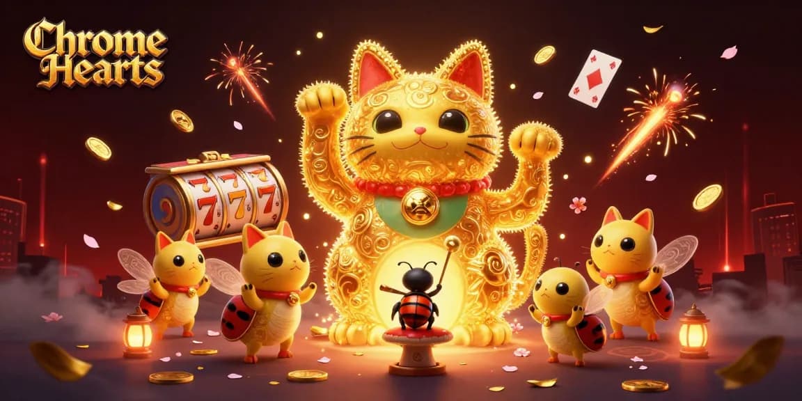 Experience Chrome Hearts style with a dynamic scene of a lucky cat and casino symbols in vibrant action.