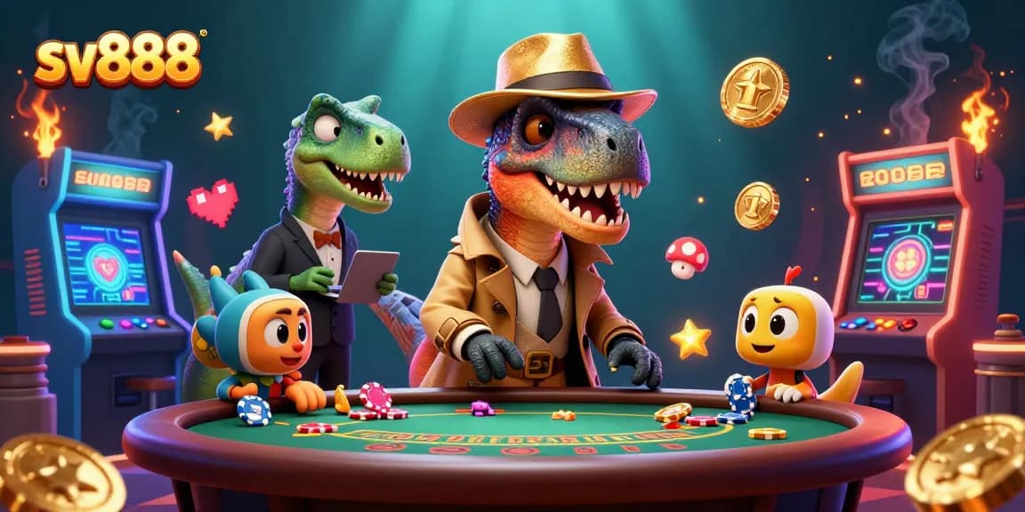 Experience sv888's vibrant casino scene with a velociraptor card counter, creating a thrilling atmosphere.