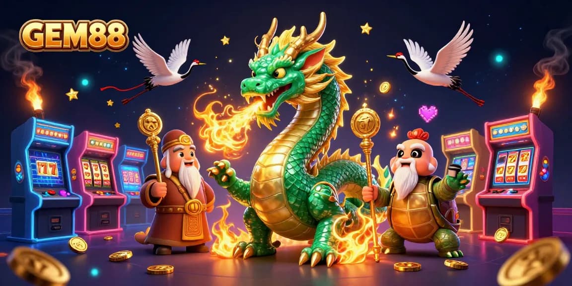 Experience GEM88's thrilling gaming adventure with an emerald dragon and vibrant casino scenes.