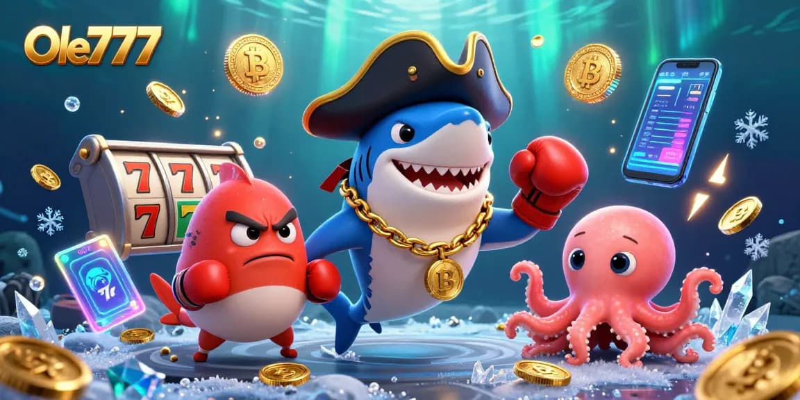 Experience the exciting world of Ole777 with cartoon characters in a vibrant 3D casino scene featuring slots and crypto elements.